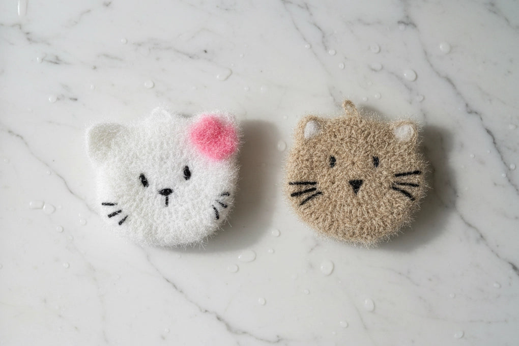 Pearl and Moki — two cat-shaped dish scrubbers, one white with a pink blush and one beige with black whiskers, on a marble surface.