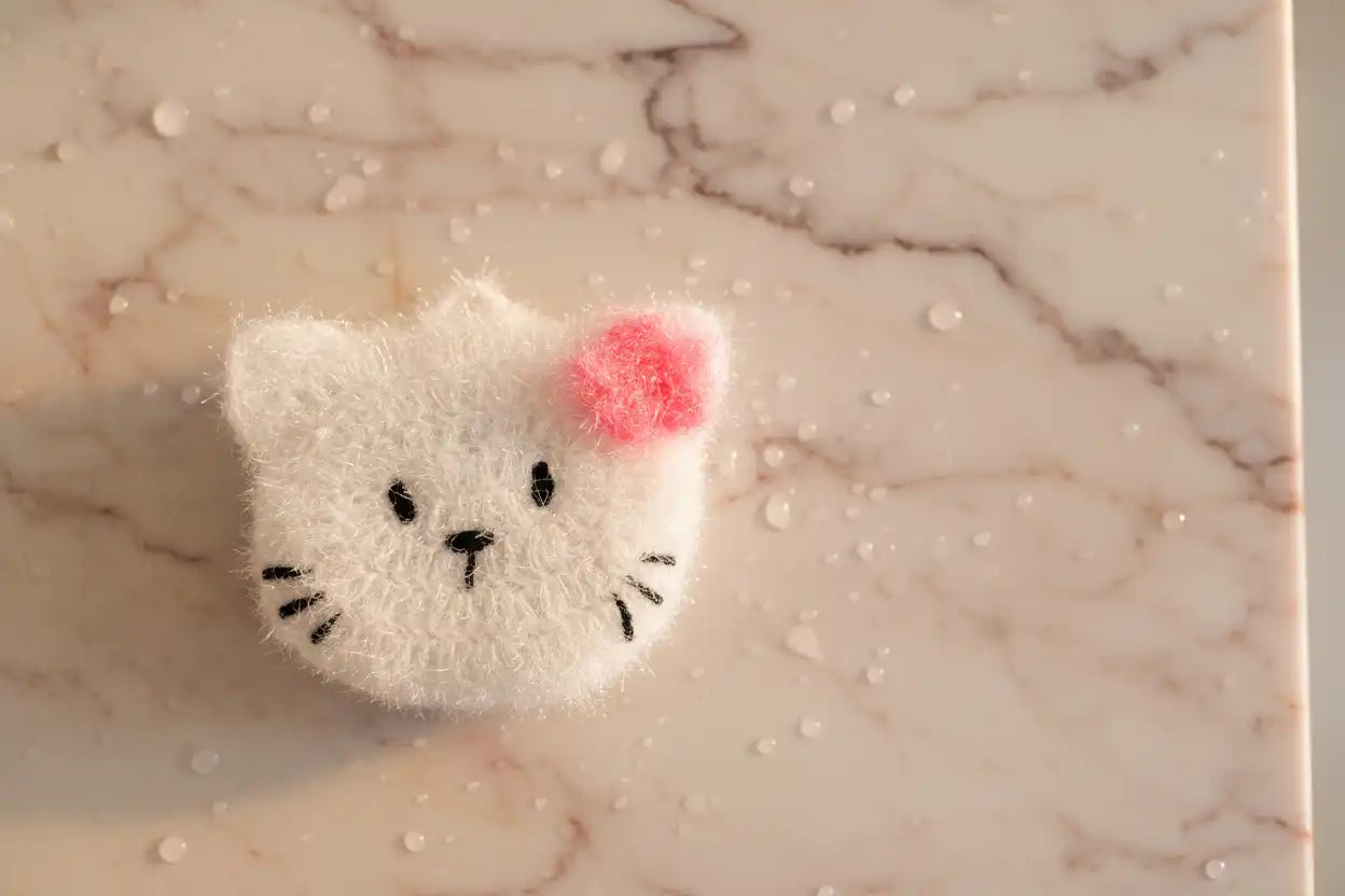 Crocheted dish scrubber with a cat face design on a marble surface