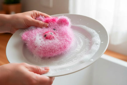 Pink pig dish scrubber on a white plate with soapy water, held by hands.
