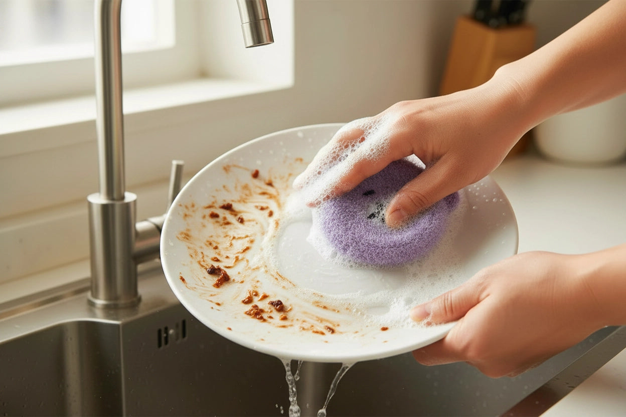 Person washing a dirty plate with a purple bear-shaped dish scrubber in a kitchen sink.