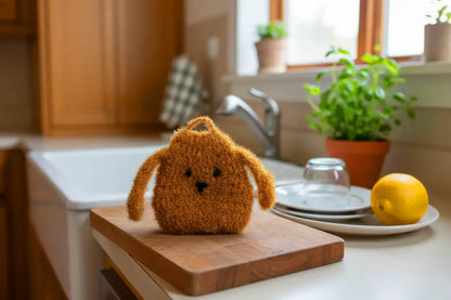 Brown dog-shaped dish scrubber on a kitchen counter with a lemon and plates.