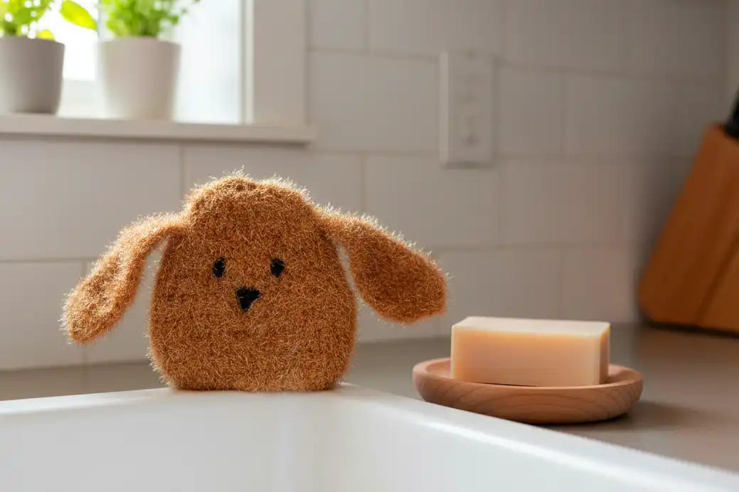 Brown dog-shaped dish scrubber on a kitchen sink countertop with a bar of soap on a wooden dish.