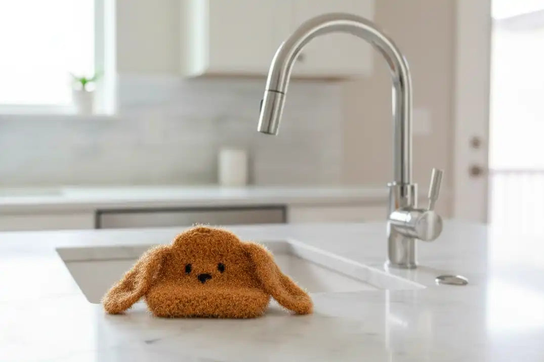 Brown doggy dish scrubber with floppy long ears on a kitchen sink with a modern faucet.