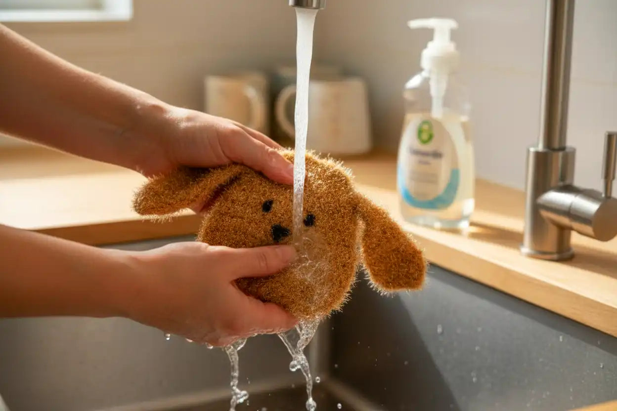 Person washing a brown dog-shaped dish scrubber under running water in a kitchen sink.