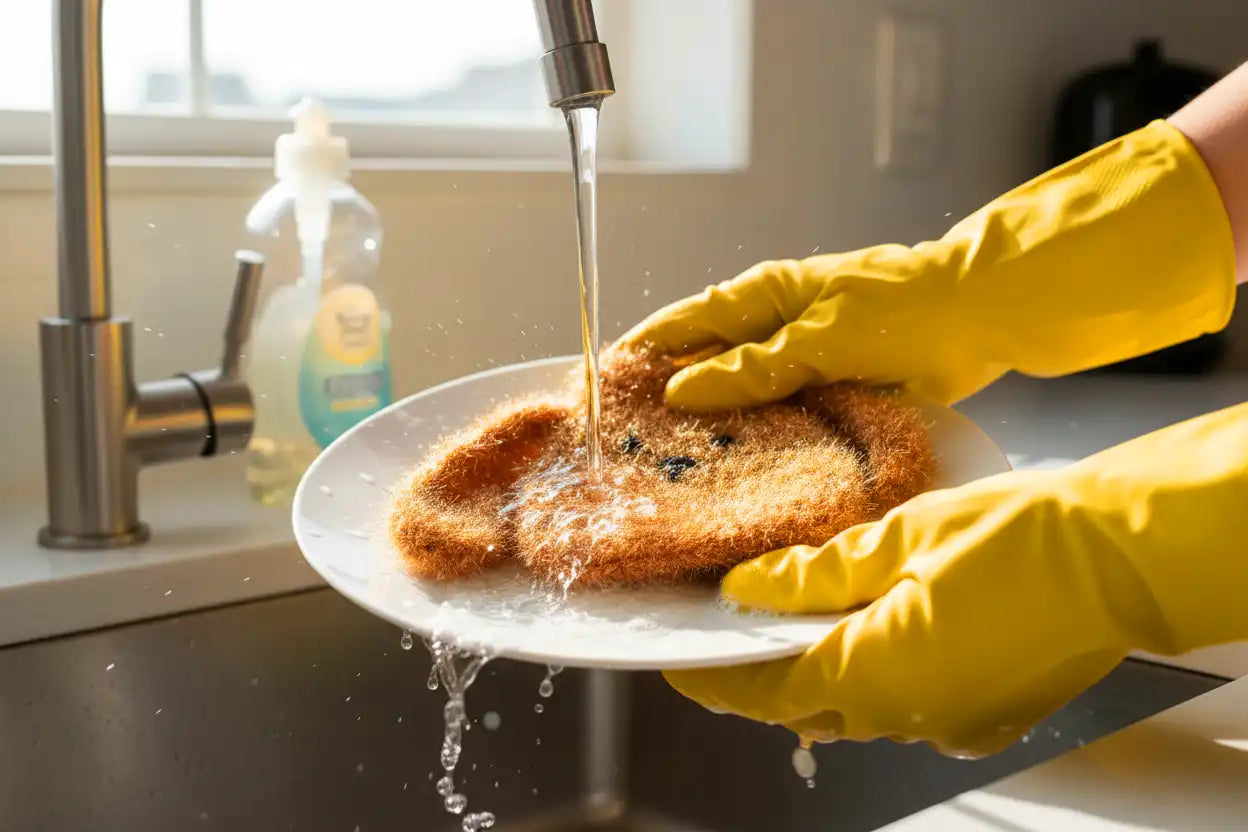 Person washing a dish with a brown dog-shaped dish scrubber in yellow gloves in a kitchen setting.