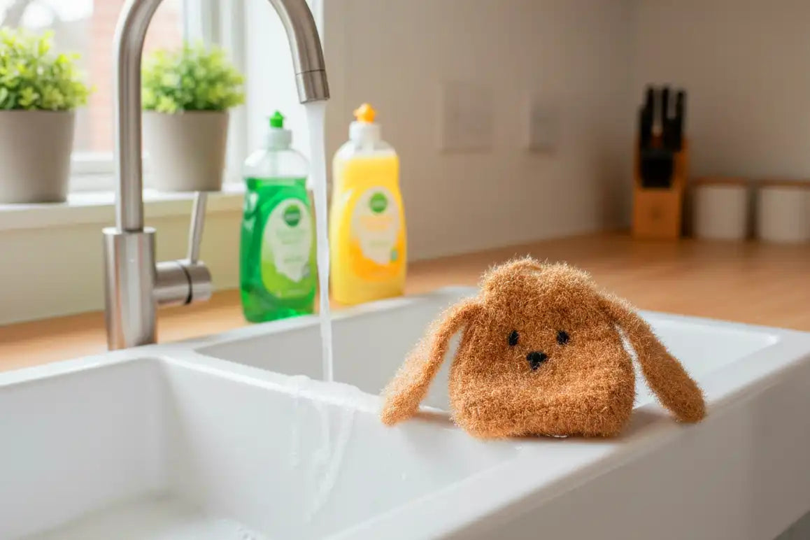 Brown dog-shaped dish scrubber on a kitchen sink with cleaning products and a window in the background.