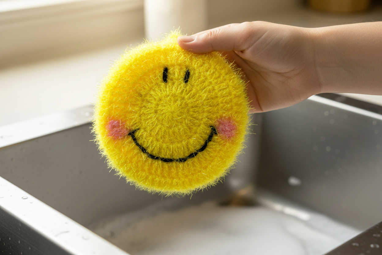 Hand holding a yellow smiley face dish scrubber over a sink.