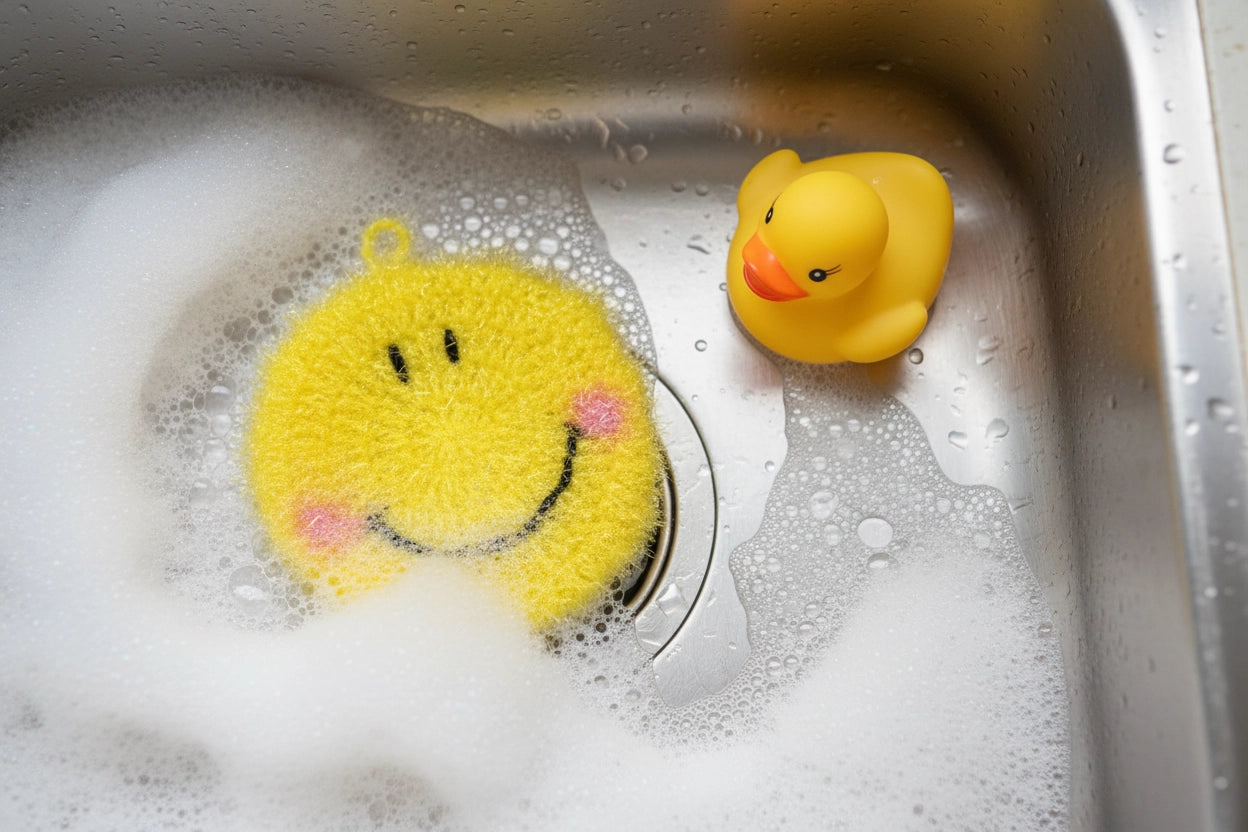 Yellow smiley face dish scrubber and rubber duck in a sink with soap bubbles