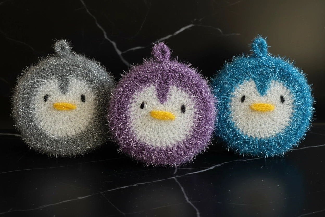 Three hand-crocheted penguin dish scrubbers in gray, purple, and blue on a dark background.
