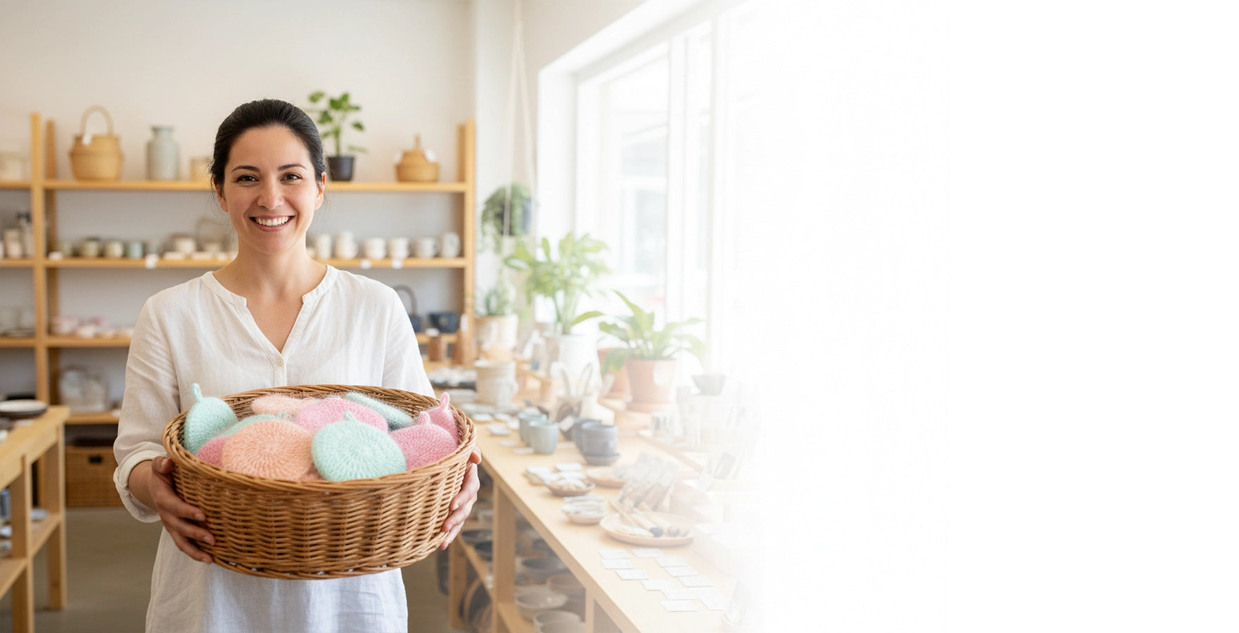 Woman holding a basket full of Hello Scrubbies in a cozy room with shelves and plants.