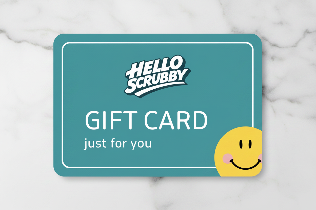 Hello Scrubby gift card with a smiley face on a marble background