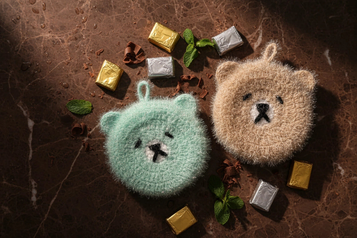 Two crocheted bear-shaped dish scrubbers on a textured surface with small decorative items.